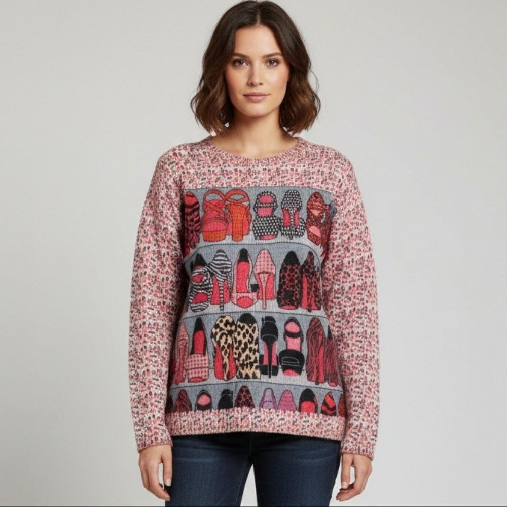 Moffi Women's Pink And Grey Casual Funky Sweater With Shoe Print Design Size M/L